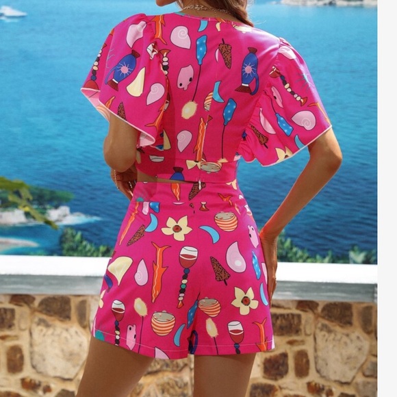 Boho Plus Size Pop Art Print Butterfly Flutter Sleeve Crop Top Shorts Set - Picture 14 of 16